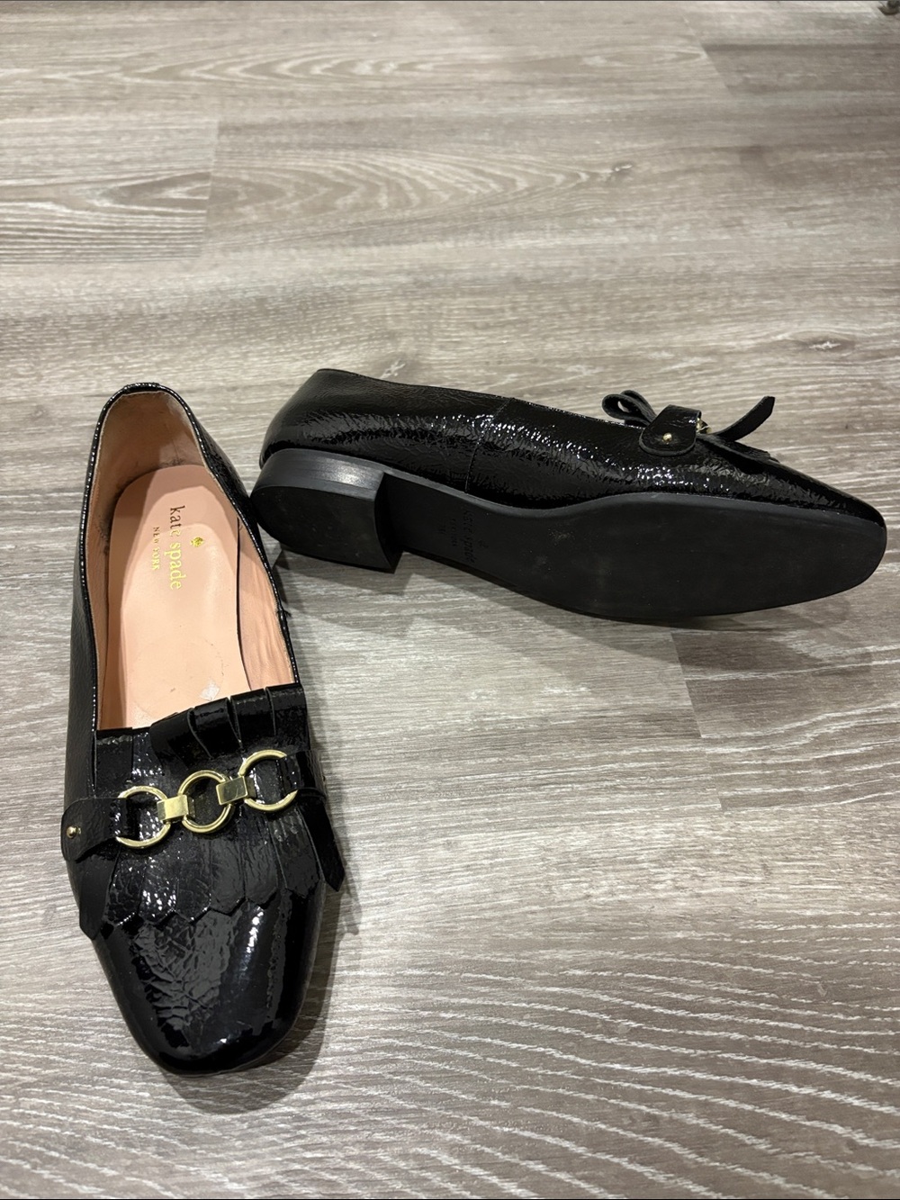 kate spade Black Patent Fringe Loafers with Gold Chain - Picture 2 of 3